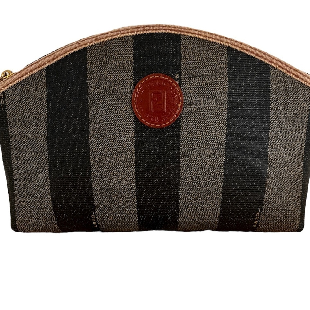 FENDI Pecan Striped Canvas Pouch Black Brown Gold COA 1980s Italy - Picture 16 of 17